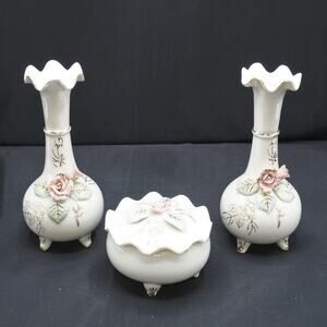 Thames White Porcelain with Pink Flowers 3 piece Set Vanity Top Trinkets